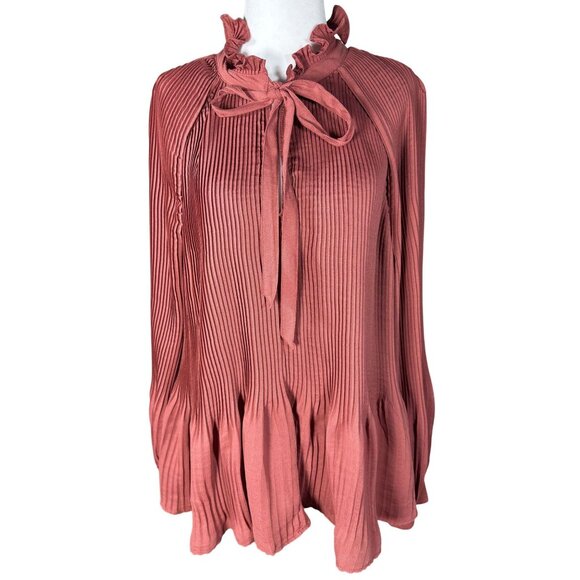 NWOT Treasure & Bond Womens Blouse Size XL Red Rust Pleated Ruffle Neck Tie - Picture 1 of 10